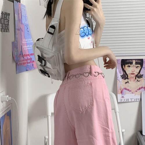好货All-match fashion kawaii denim pink loose wide-leg women