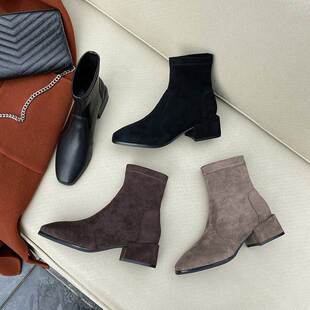 香港2020年秋冬新款 粗跟小短靴中跟袜靴潮 百搭弹力瘦瘦单靴女韩版