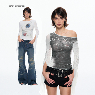 10AM进口网纱印花飘袖抽皱t恤