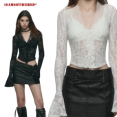 上衣 长袖 10AMsotiiiiired 白色蕾丝镂空v领系带设计感辣妹修身