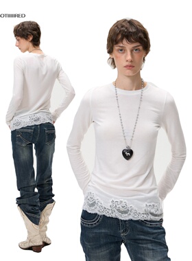 10AMsotiiiiired苎麻蕾丝花边万精油长袖t拼接白色打底衫内搭上衣