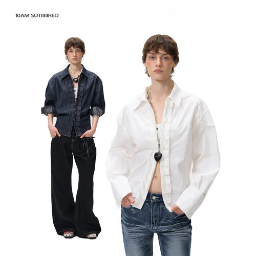 多种穿法刺绣花边设计长袖衬衫