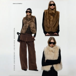 【明星同款】10AMsotiiiiired 斜门襟羊角扣立领环保皮草马甲