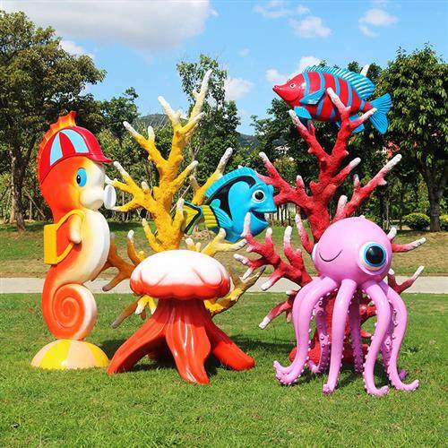 海洋生物卡通海豚鲨鱼贝壳虾螃蟹花园沙滩玻璃钢雕塑装饰落地摆件