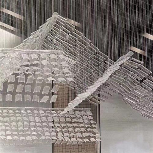 定制创意水晶玻璃房子吊灯售楼部大堂简约新中式琉璃瓦片工程灯。