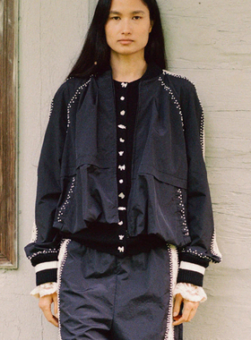 Sea Ny 轻量复古运动风手工钉珠珍珠短外套女黑色夹克小外套