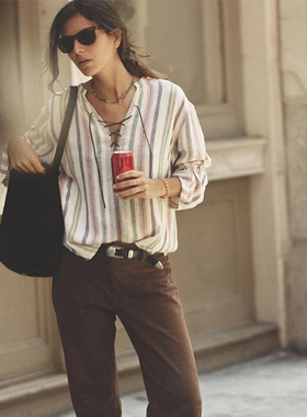 Xirena 韩味气质条纹衬衫女长袖V领系带宽松百搭显瘦时尚上衣