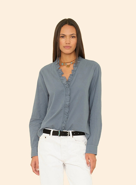 Xirena 法式通勤风V领荷叶花边衬衫女长袖纯色气质上衣