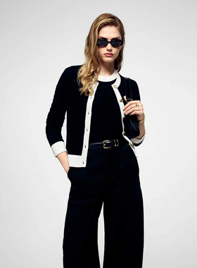 From Future 针织短外套中长款黑色高级感休闲简约修身小香风长袖