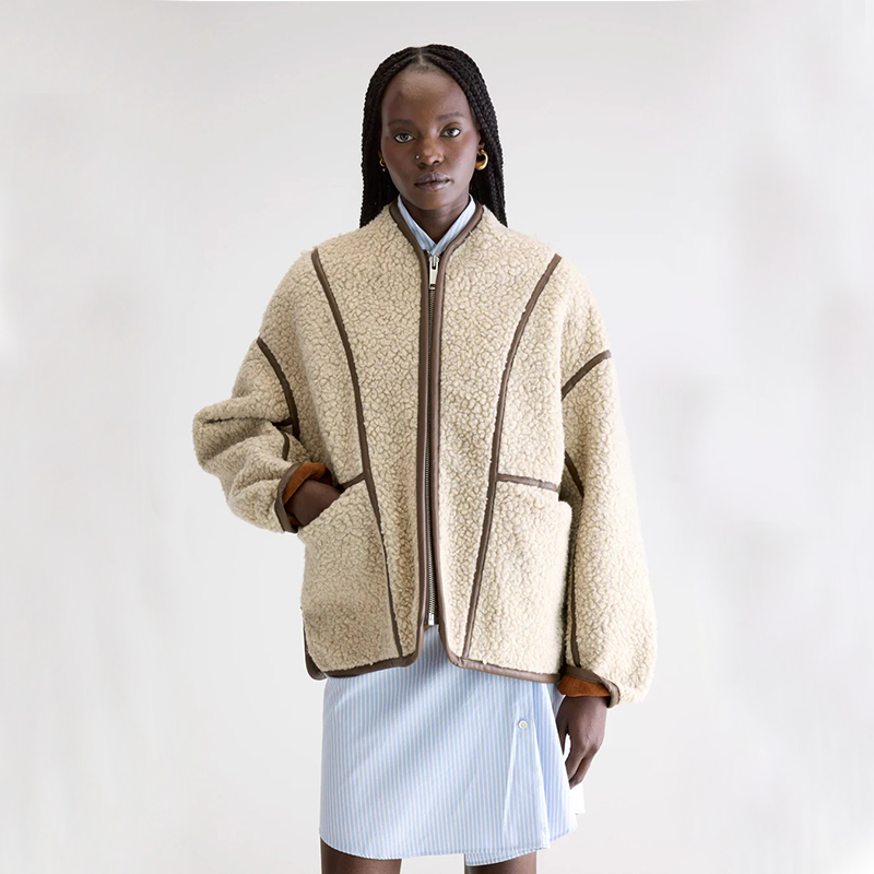 Bellerose 廓形米色仿羊羔毛夹克饰撞色滚边锈色麂皮内里毛绒外套