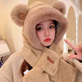 秋冬款 可爱小熊毛绒帽子围巾一体女骑行百搭防寒帽护耳围脖俩件套