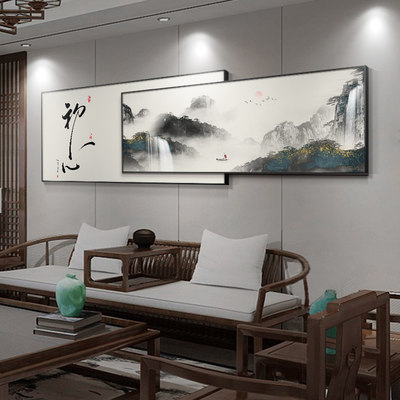 新中式客厅沙发背景墙装饰画山水风景叠加挂画茶室办公室禅意壁画