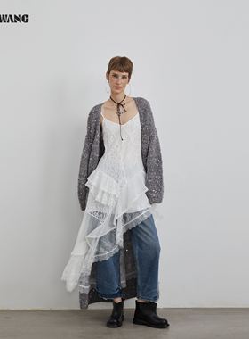 【明星同款】LEDIM WANG拼贴蕾丝吊带连衣裙女25秋冬新款白色长裙