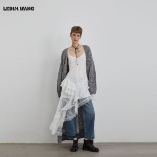 WANG拼贴蕾丝吊带连衣裙女25秋冬新款 LEDIM 白色长裙 明星同款