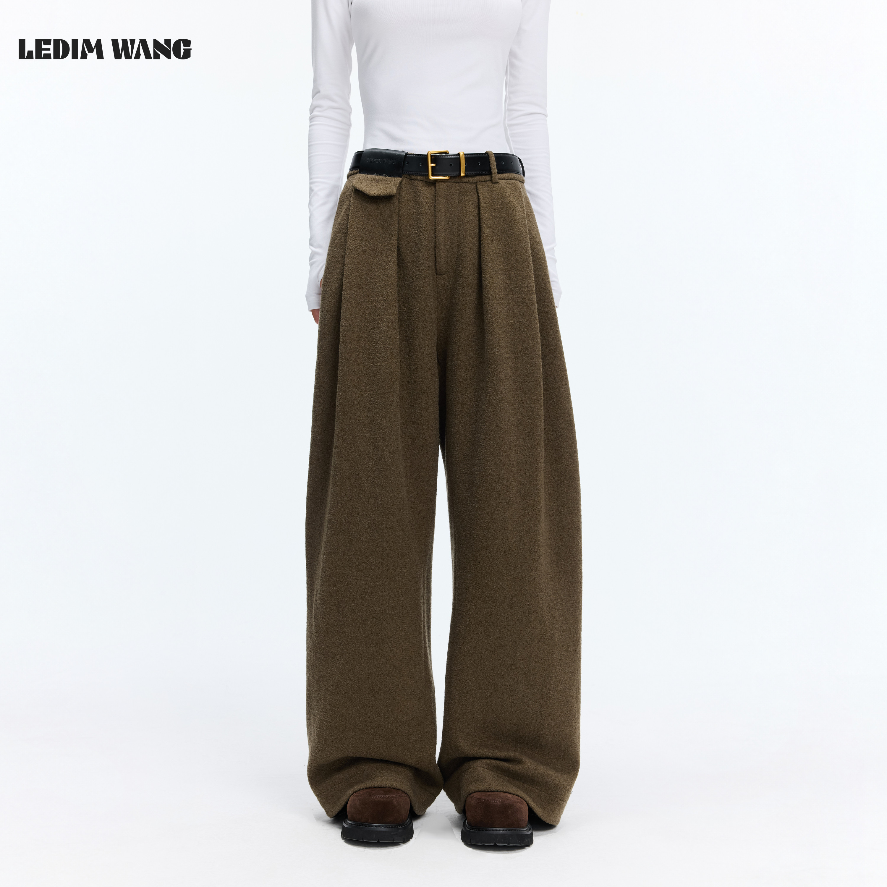 LEDIM WANG绵羊毛阔腿休闲裤女绿色高智感西装裤2026秋冬新款长裤