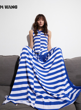 LEDIM WANG【航海】原创条纹流苏针织连衣裙女宽松无袖背心长裙子
