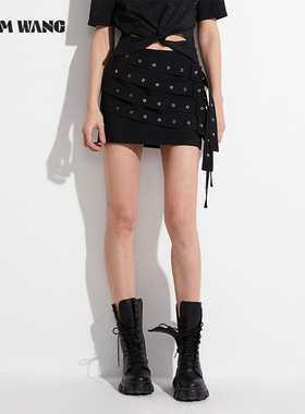 【明星同款】LEDIM WANG黑色金属飘带半身裙女春夏新款百搭短裙子