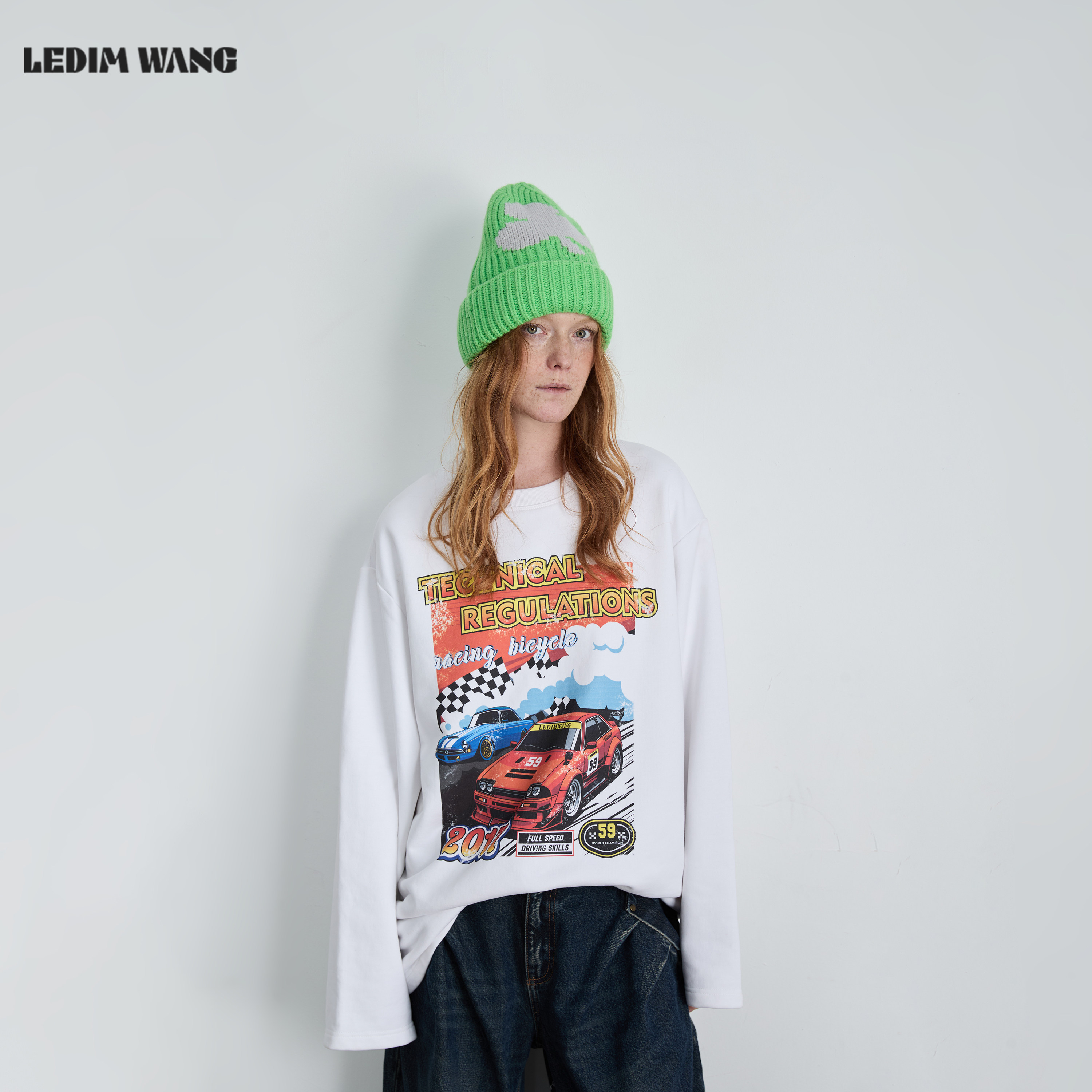 LEDIM WANG【圣诞系列】赛车印花长袖T恤女25冬新款白色内搭上衣