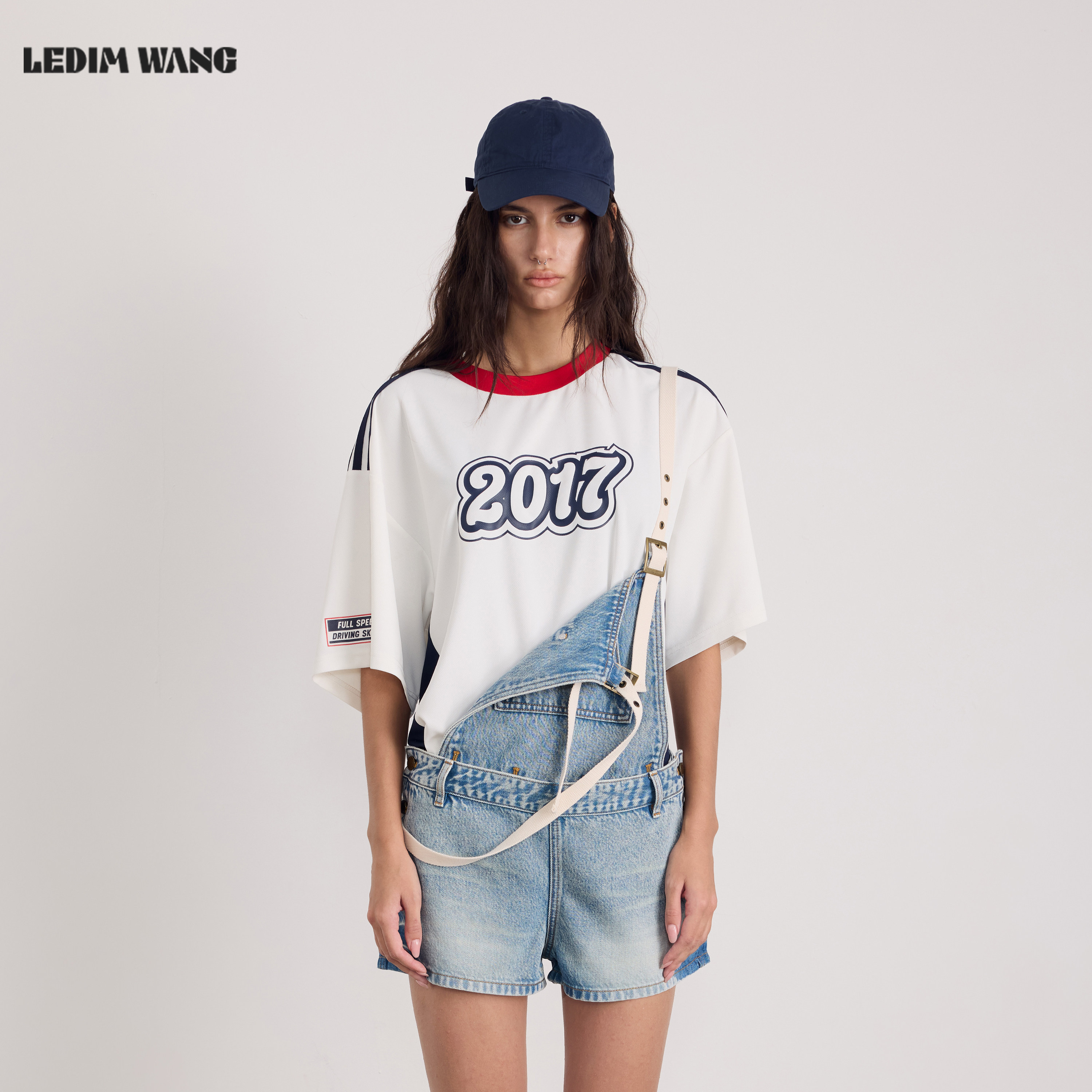 LEDIM WANG经典浅蓝背带牛仔裤短裤女款莱赛尔百搭休闲26春夏新款