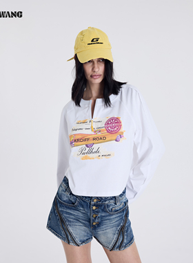 LEDIM WANG印花拉链短款长袖T恤女2026春夏新款白色百搭长袖上衣