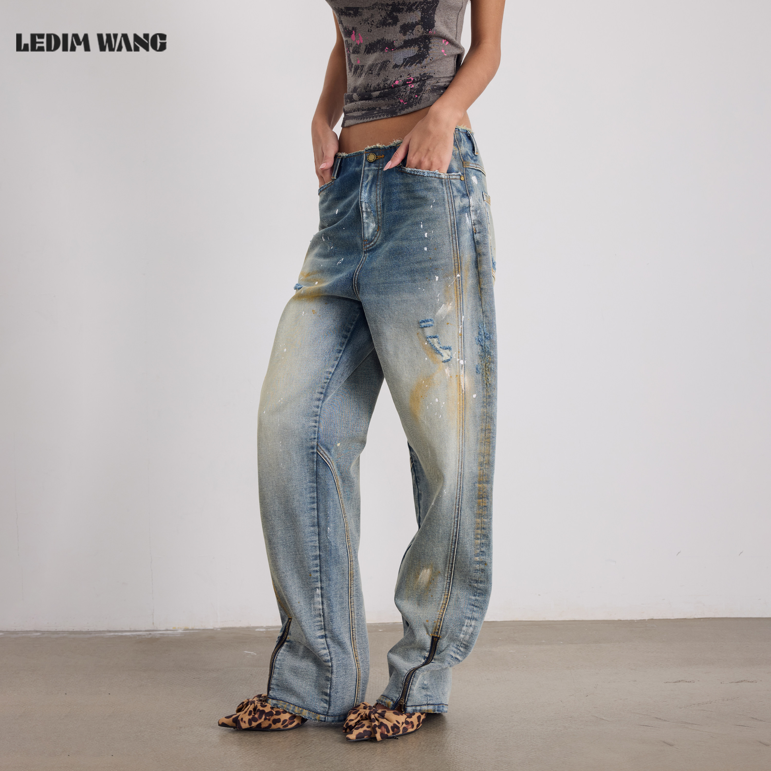LEDIM WANG复古做旧纯棉中低腰牛仔裤女泼墨水洗显瘦长裤26夏新款
