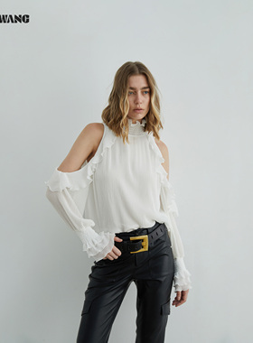 LEDIM WANG黑标/露肩荷叶套头褶皱衬衣女白色上衣25秋新款优雅风