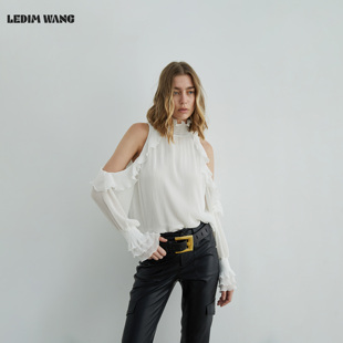 优雅风 露肩荷叶套头褶皱衬衣女白色上衣26春新款 LEDIM WANG黑标