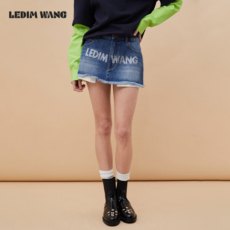 LEDIM WANG烫钻虚边字母牛仔半身裙女纯棉百搭辣妹风短裙复古半裙,女装/女士精品,半身裙,淘宝优惠券,粉丝福利购,淘宝优惠卷