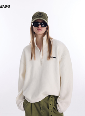 LEDIM WANG立领毛衣女2026春季新款白色拉链垫肩T型亲肤套头上衣