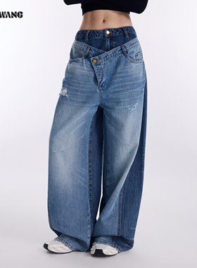 【明星同款】LEDIM WANG双腰阔腿牛仔裤女26春新款牛仔蓝宽松长裤