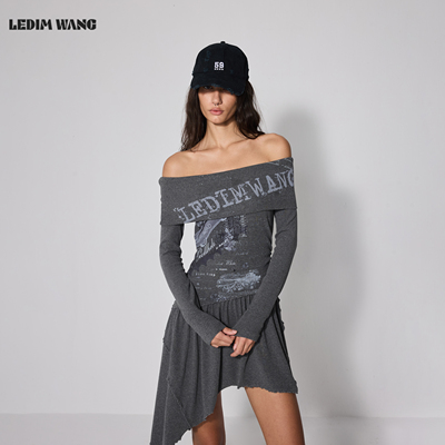 LEDIMWANG一字肩印花长袖连衣裙