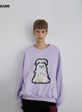 LEDIM WANG红标俏皮软语可爱小狗宽松卫衣女25冬新款紫色长袖上衣