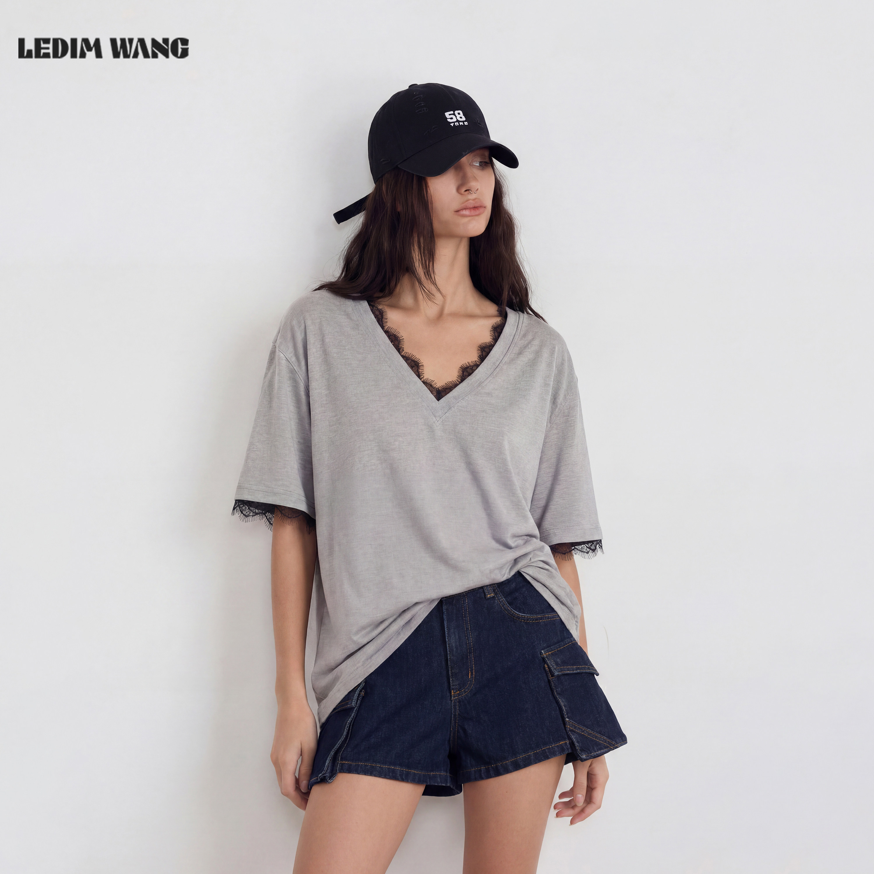 【明星同款】LEDIM WANG淡人蕾丝V领短袖高端T恤女夏季撞色边上衣