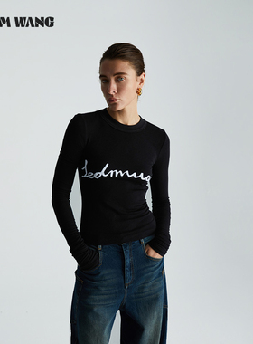 【明星同款】LEDIM WANG刺绣针织T恤女秋冬新款内搭长袖打底衫