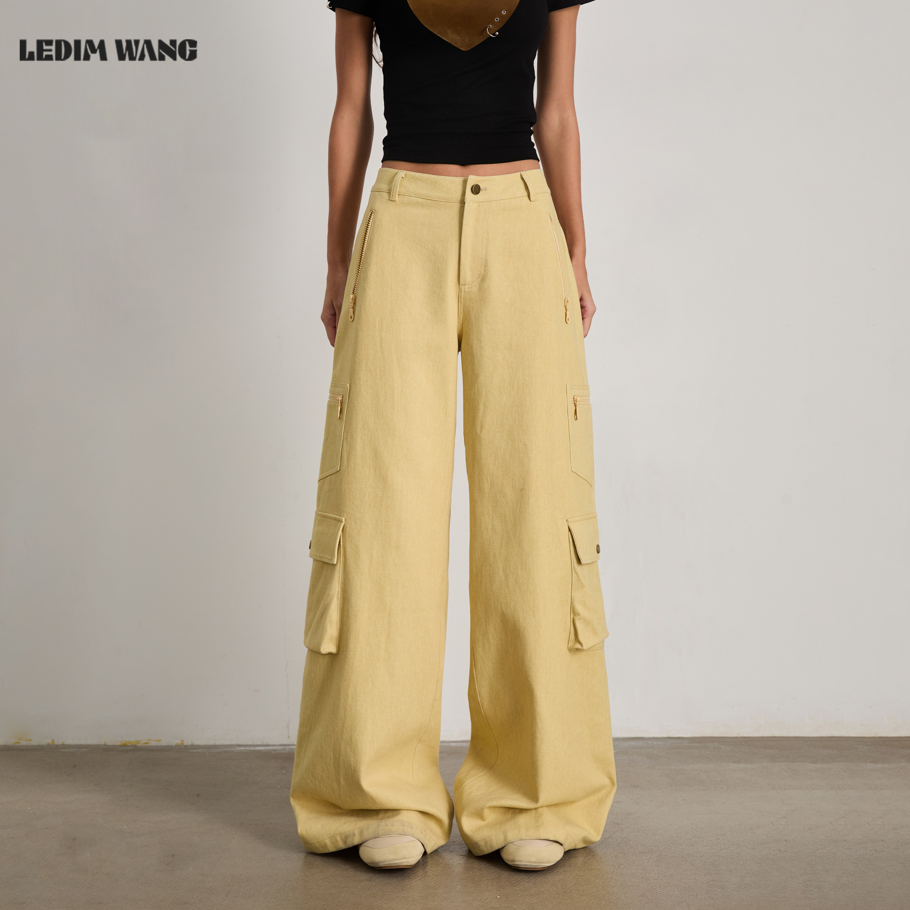 LEDIM WANG复古直筒工装裤休闲裤女黄色纯棉宽松百搭长裤26夏新款