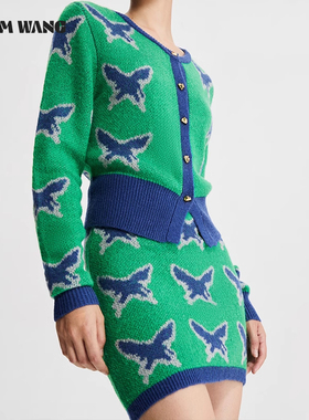 LEDIM WANG2023秋季新款蝴蝶撞色针织半裙女修身包臀绿色短款半裙