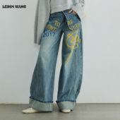 印花阔腿长裤 25秋 WANG双腰搭片牛仔裤 男女同款 明星同款 LEDIM
