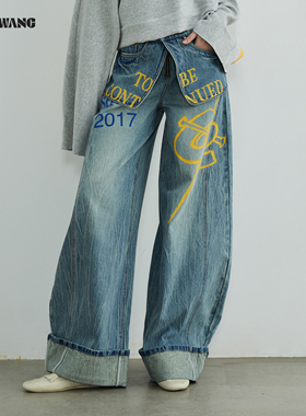 【明星同款】LEDIM WANG双腰搭片牛仔裤男女同款印花阔腿长裤25秋
