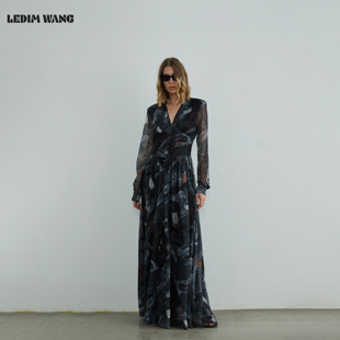 新款 LEDIM 收腰连衣裙女秋季 牛仔印花度假风长袖 长裙 WANG白标