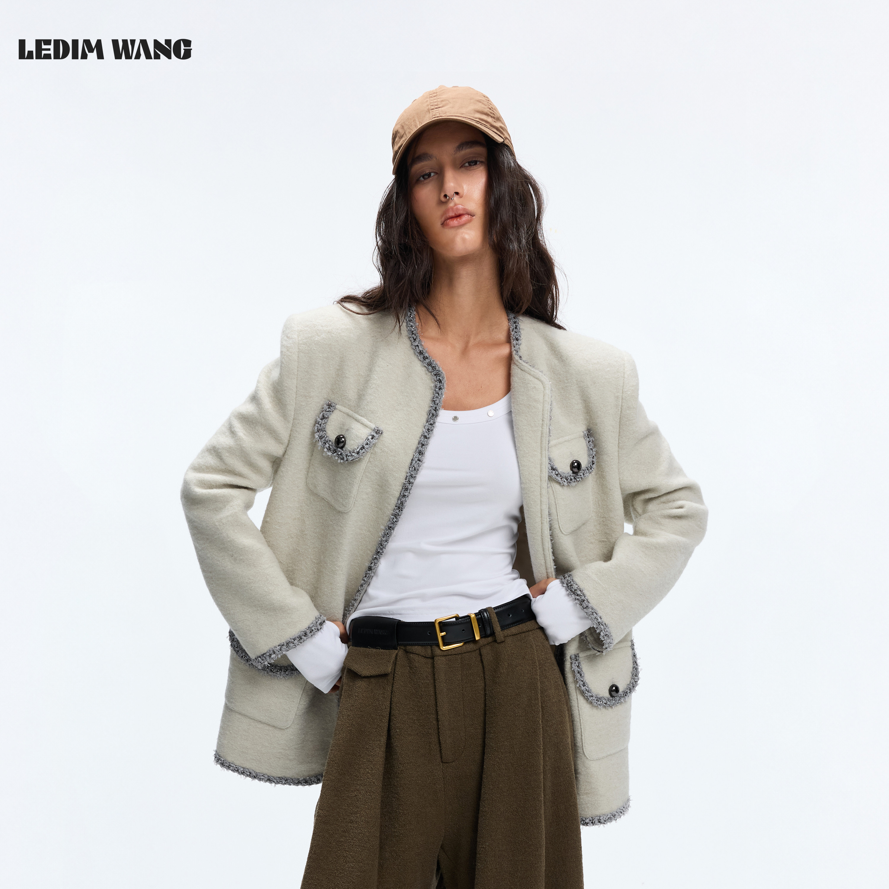 LEDIM WANG绵羊毛小香风毛呢外套女撞色花边宽松上衣2026秋冬新款