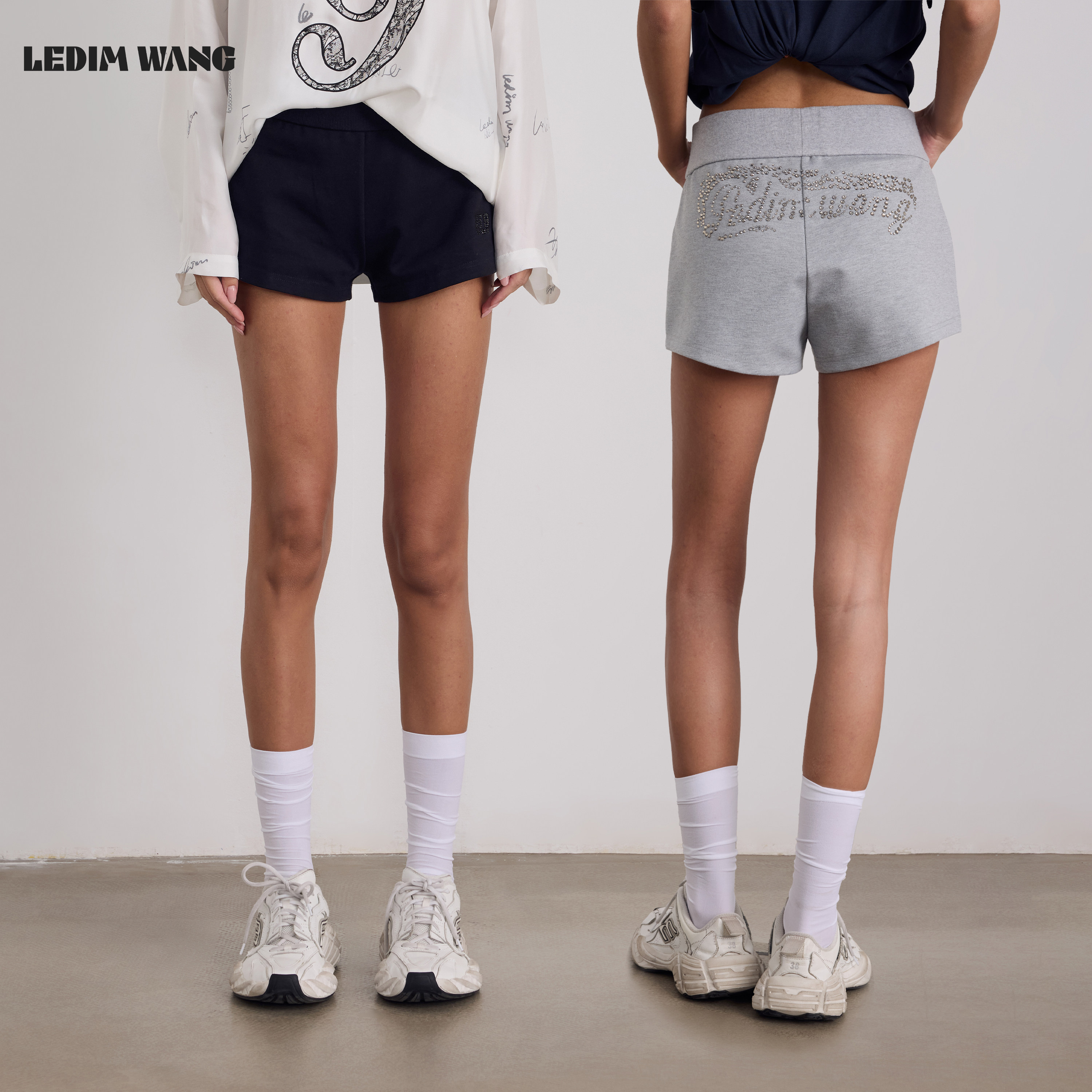 LEDIM WANG基础烫钻针织短裤休闲裤女灰色高弹修身显瘦26夏季新款
