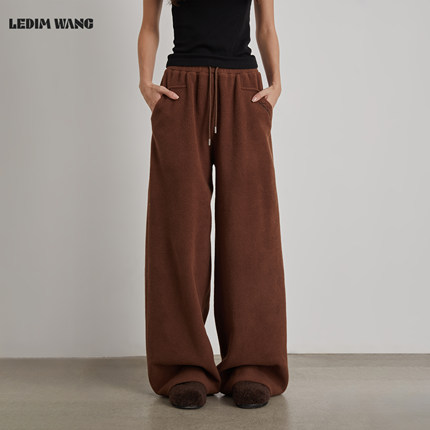 LEDIM WANG巴恩风摇粒绒休闲裤女25秋冬新款刺绣羊羔毛阔腿长裤