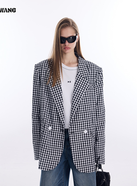 LEDIM WANG学院风黑白格纹阔版西服外套女2026春新款休闲气质高级