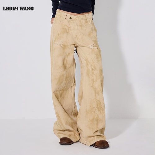 LEDIMWANG复古破洞脏脏牛仔裤女