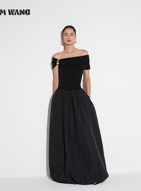 LEDIM WANG【白标系列】一字肩花苞连衣裙女夏2025新款低腰线长裙