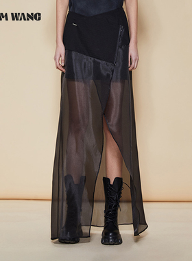 【明星同款】LEDIM WANG欧根纱透视半身裙女黑色搭片式纱裙半裙