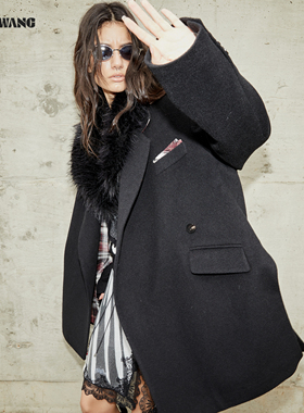 LEDIM WANG白标/不对称绵羊毛开叉大衣女25秋冬新款西服毛呢外套