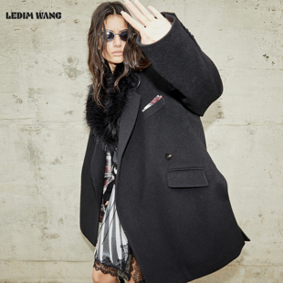 LEDIM WANG白标/不对称绵羊毛开叉大衣女25秋冬新款西服毛呢外套