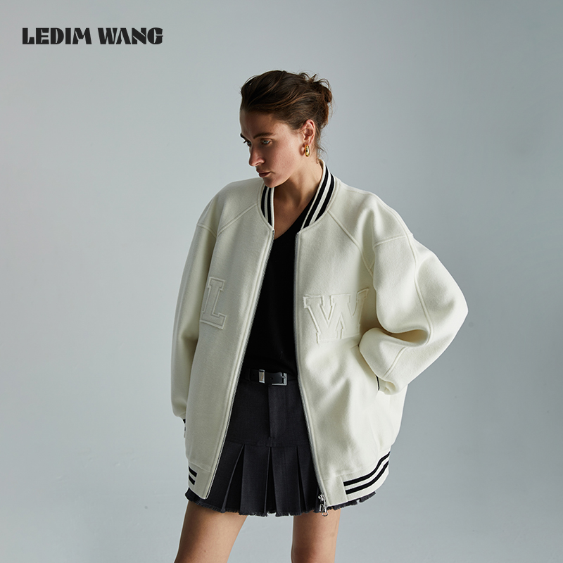 LEDIM WANG美式刺绣棒球外套女2024秋季新款高级感绵羊毛宽松夹克