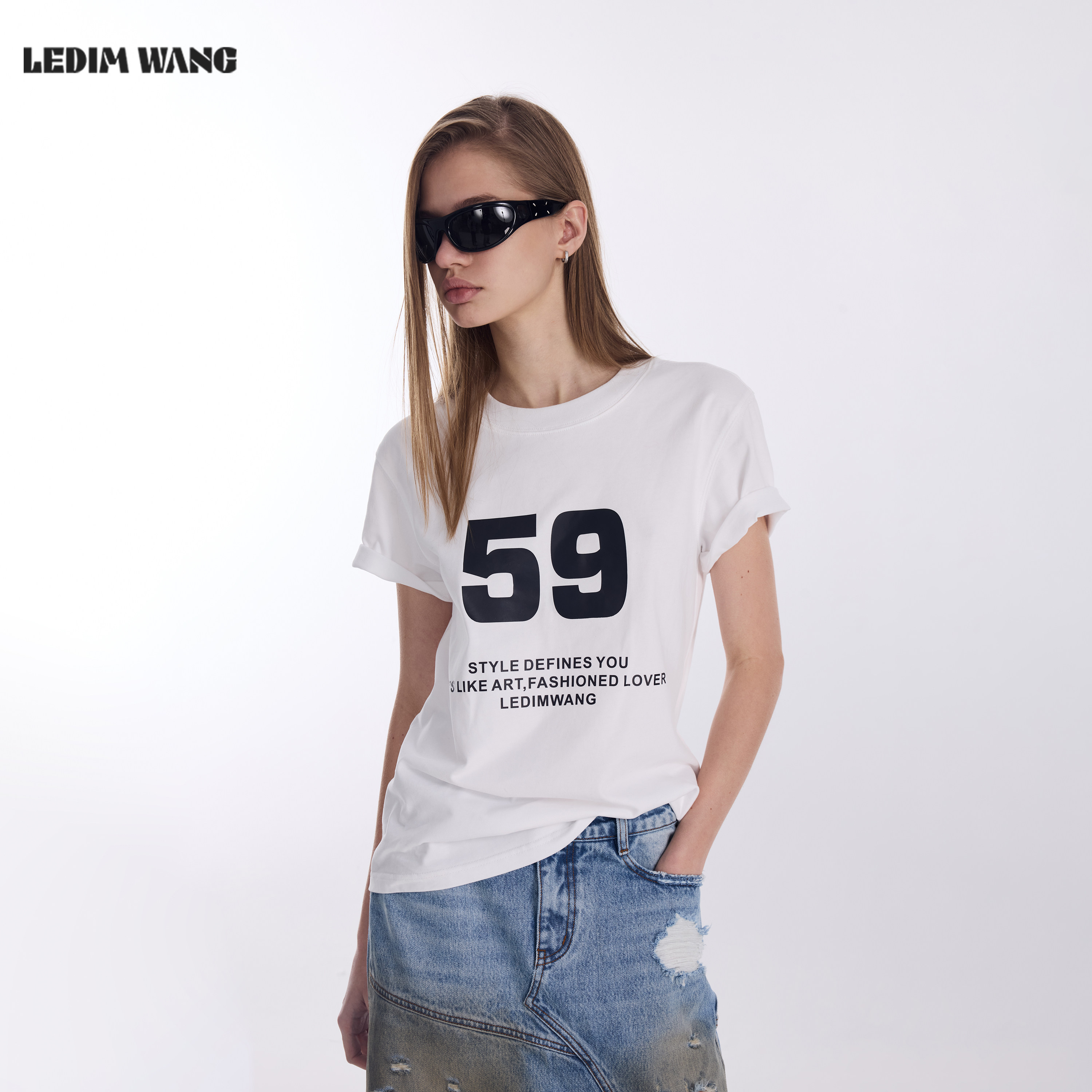 LEDIM WANG撞色字母印花T恤女26春新款白色纯棉休闲百搭短袖上衣